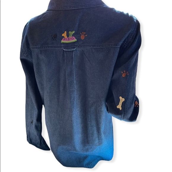Quacker Factory Fido Dog Blue Denim Rhinestone Beads Button Up Shirt - Picture 3 of 10